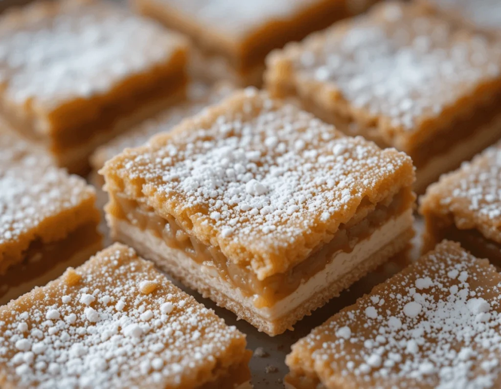 Golden chess bars dusted with powdered sugar on a wooden tray surrounded by a cozy setting of a coffee cup and rustic napkin in warm natural lighting.