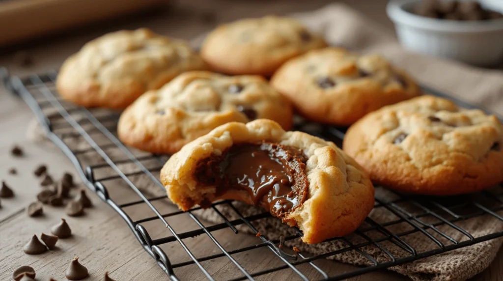 Close-up of NYC-style stuffed cookies with a golden-brown exterior and gooey chocolate filling, resting on a cooling rack in a cozy kitchen setting.