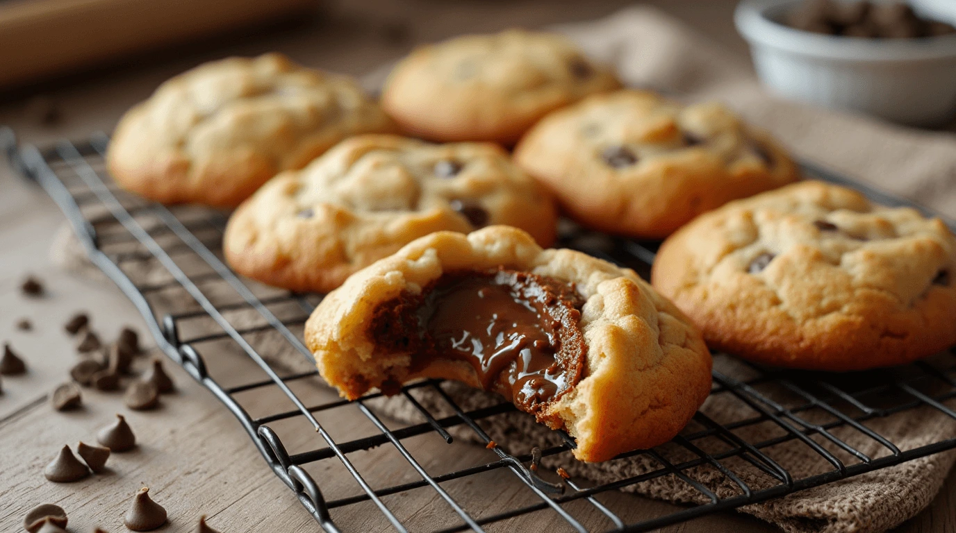 Close-up of NYC-style stuffed cookies with a golden-brown exterior and gooey chocolate filling, resting on a cooling rack in a cozy kitchen setting.