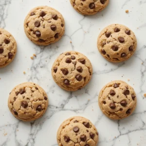 Freshly baked chocolate chip cookies placed on a white marble surface, showcasing their soft texture and golden brown appearance.