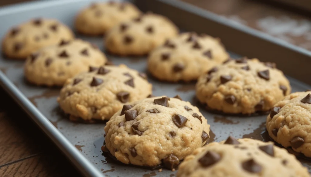 Step-by-step illustrations of a chocolate chip cookie recipe, featuring ingredients, mixing, shaping, and baking