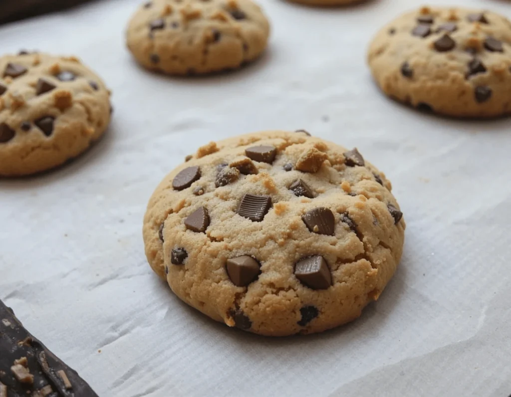 Freshly baked chocolate chip cookies placed on a white marble surface, showcasing their soft texture and golden brown appearance