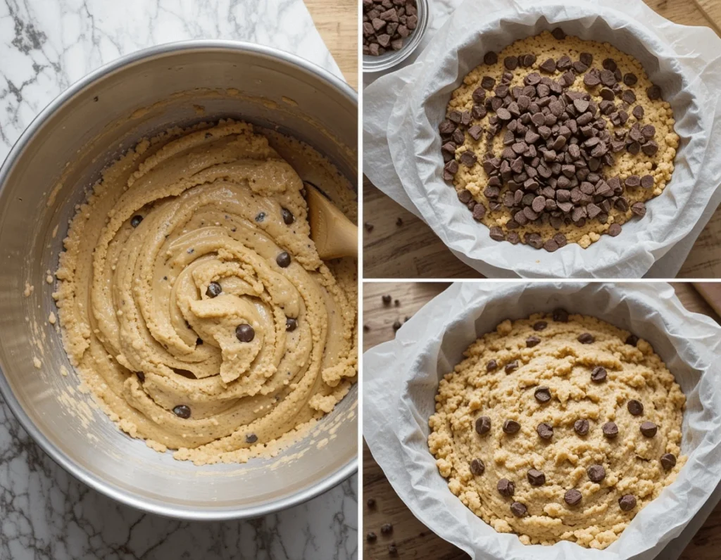 A step-by-step process of making chocolate chip cookies, showcasing creamy cookie dough in a mixing bowl and the dough layered with chocolate chips in a parchment-lined bowl.