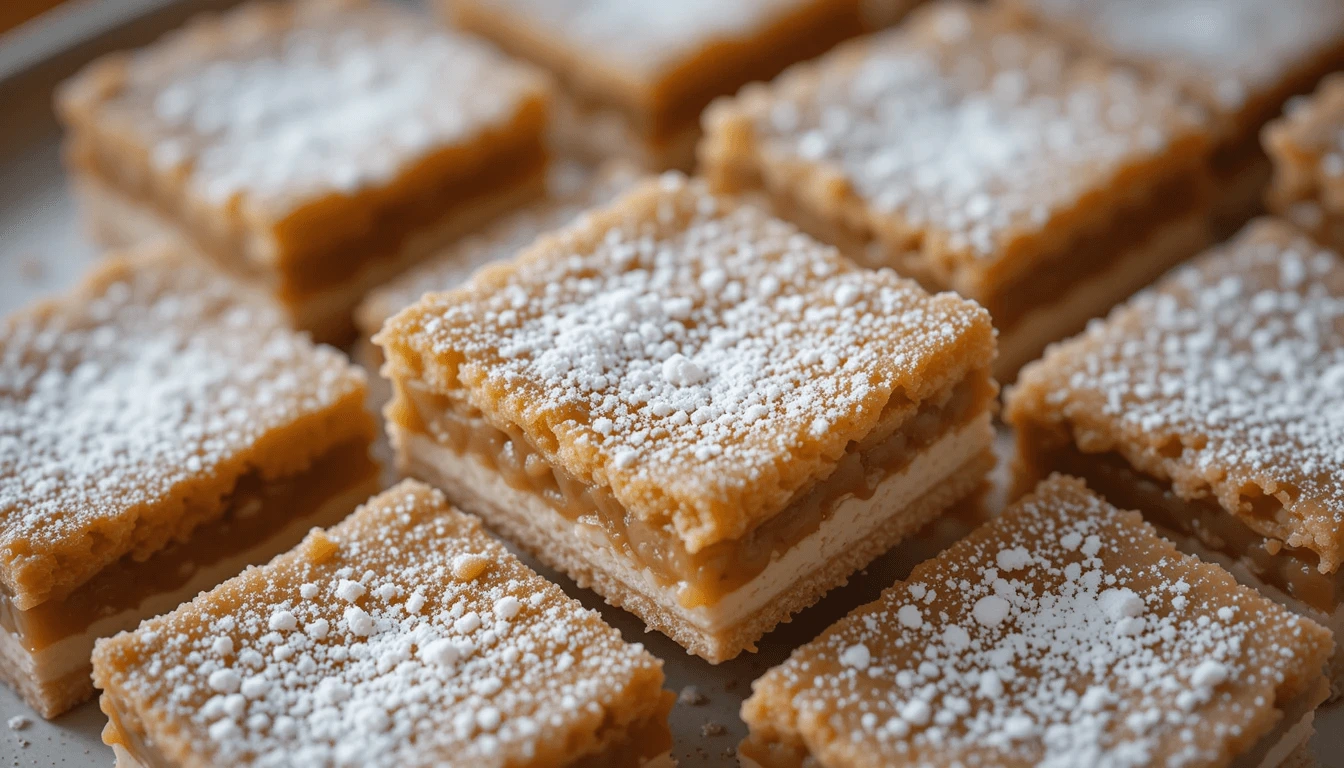 Golden chess bars dusted with powdered sugar on a wooden tray surrounded by a cozy setting of a coffee cup and rustic napkin in warm natural lighting.