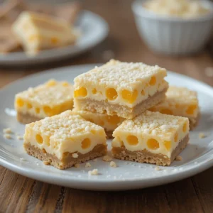 Buttery dessert bars with a golden crust, creamy filling, and yellow polka-dot accents, served on a white plate.