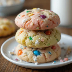 A stack of three colorful cookies on a white plate, each cookie studded with vibrant candy pieces and sprinkled with powdered sugar.