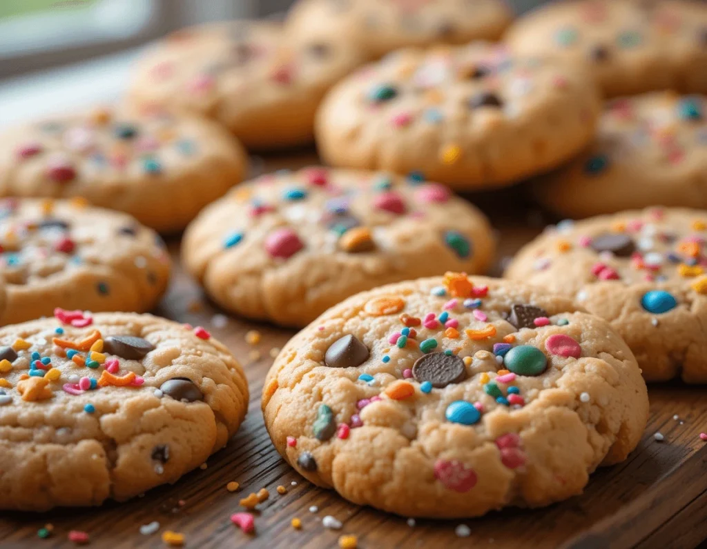 A vibrant display of freshly baked cookies on a wooden table, featuring colorful ingredients like rainbow sprinkles and chocolate chips under natural lighting.