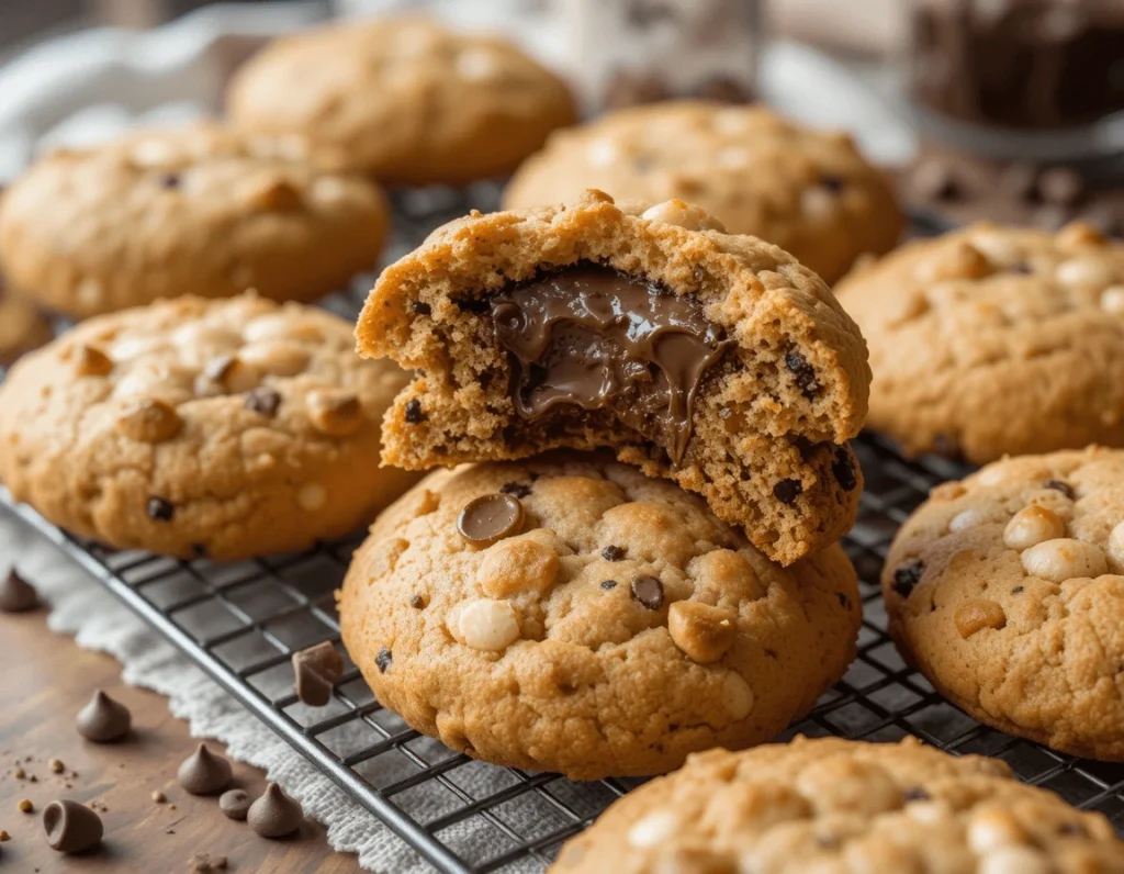 A close-up of NYC-style stuffed cookies with a golden-brown crust and gooey chocolate filling oozing out, placed on a cooling rack in a cozy kitchen setting.