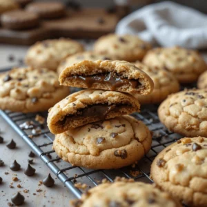 Close-up of golden-brown stuffed cookies on a cooling rack, with one cookie halved to reveal gooey melted chocolate filling, surrounded by chocolate chips.