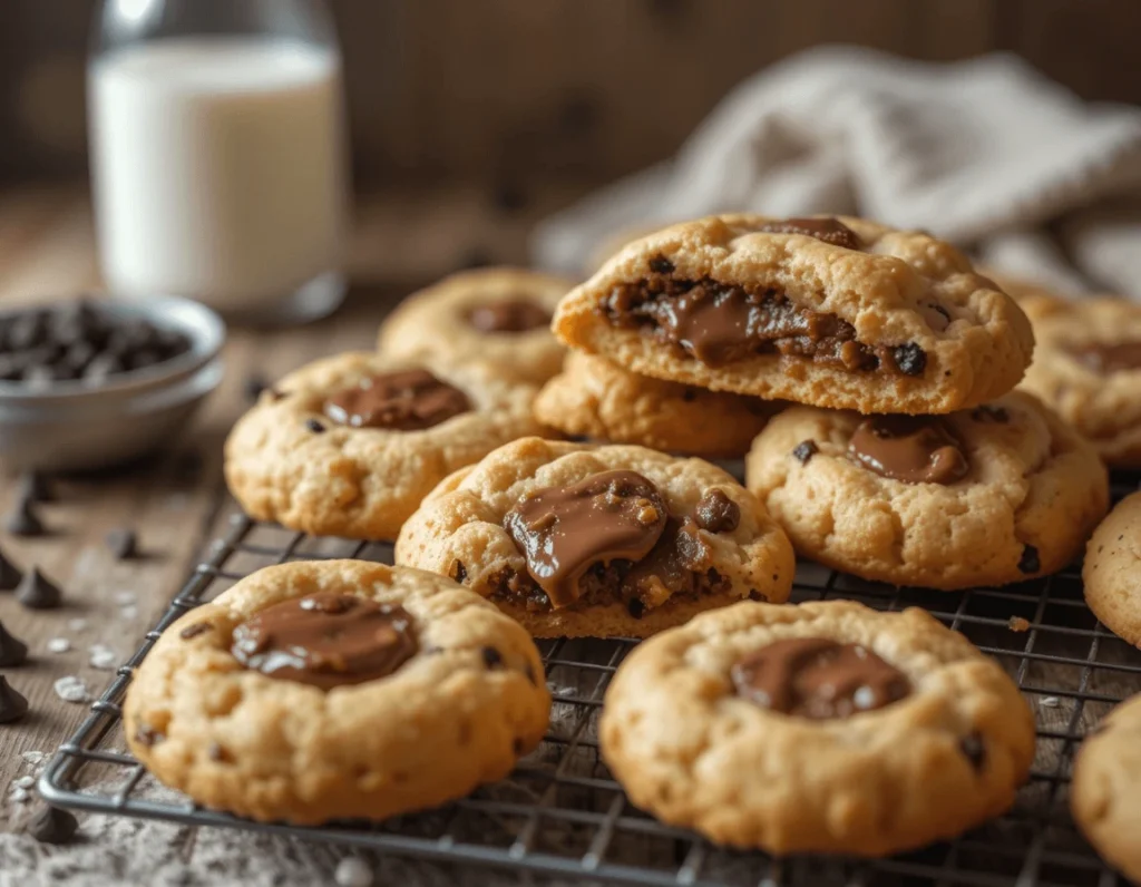 A close-up of freshly baked NYC-style stuffed cookies on a cooling rack, with gooey melted chocolate oozing from the centers, accompanied by a glass of milk in the background.