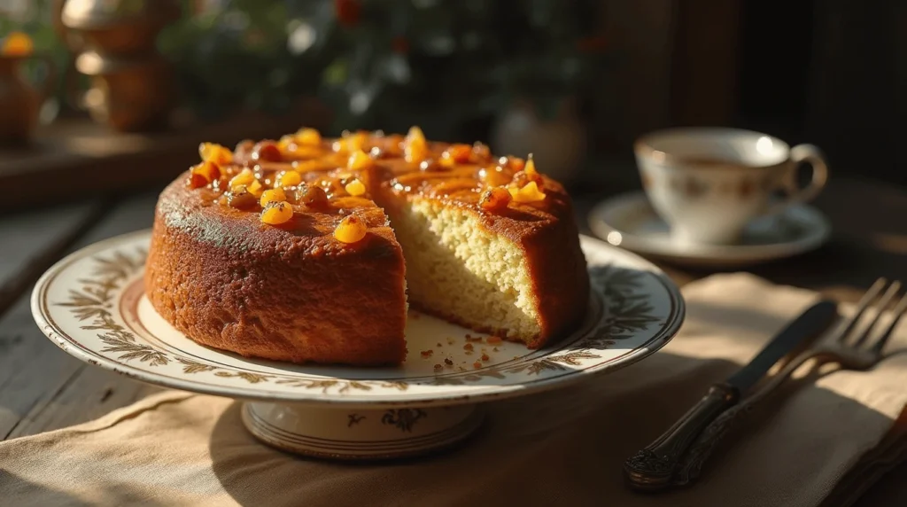 18th century queen cake on a vintage cake plate with candied peel and dried fruits, set against a rustic wooden table with a cup of tea.