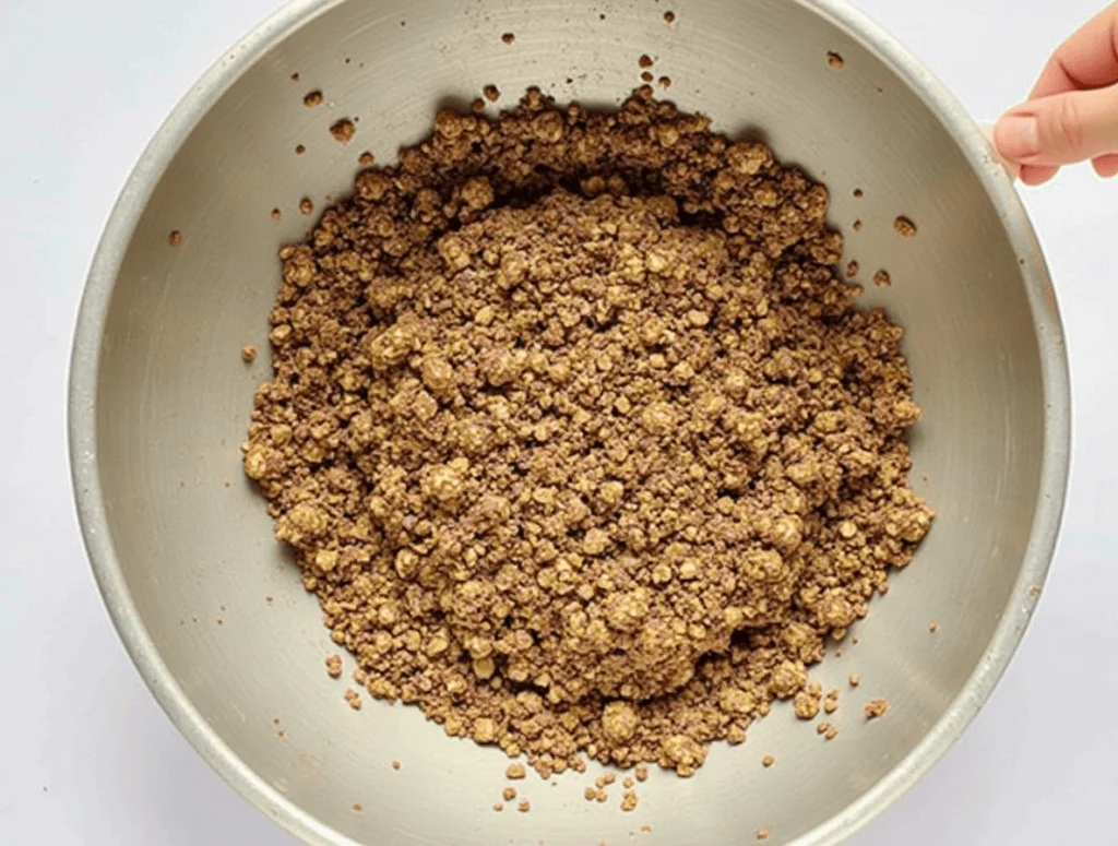 A mixing bowl filled with crumbly chocolate matcha energy bar dough, with a hand holding the edge of the bowl for stability.