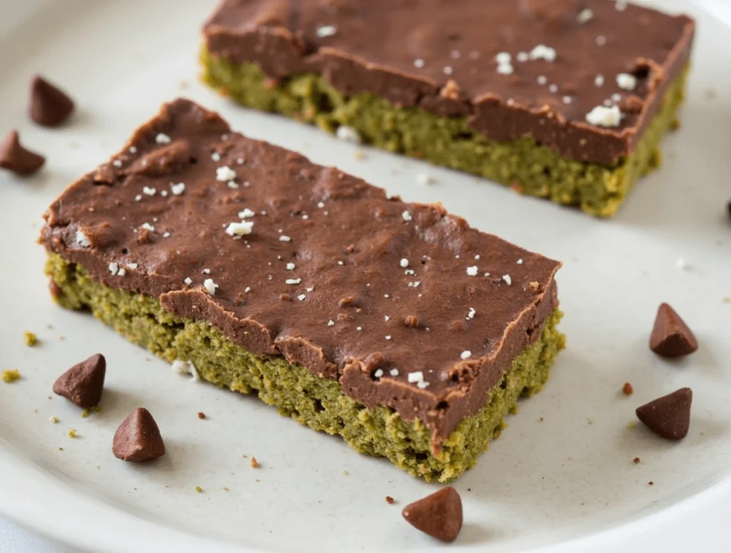 Two vegan chocolate matcha energy bars topped with a smooth chocolate layer and a sprinkle of sea salt, placed on a white plate surrounded by chocolate chips.