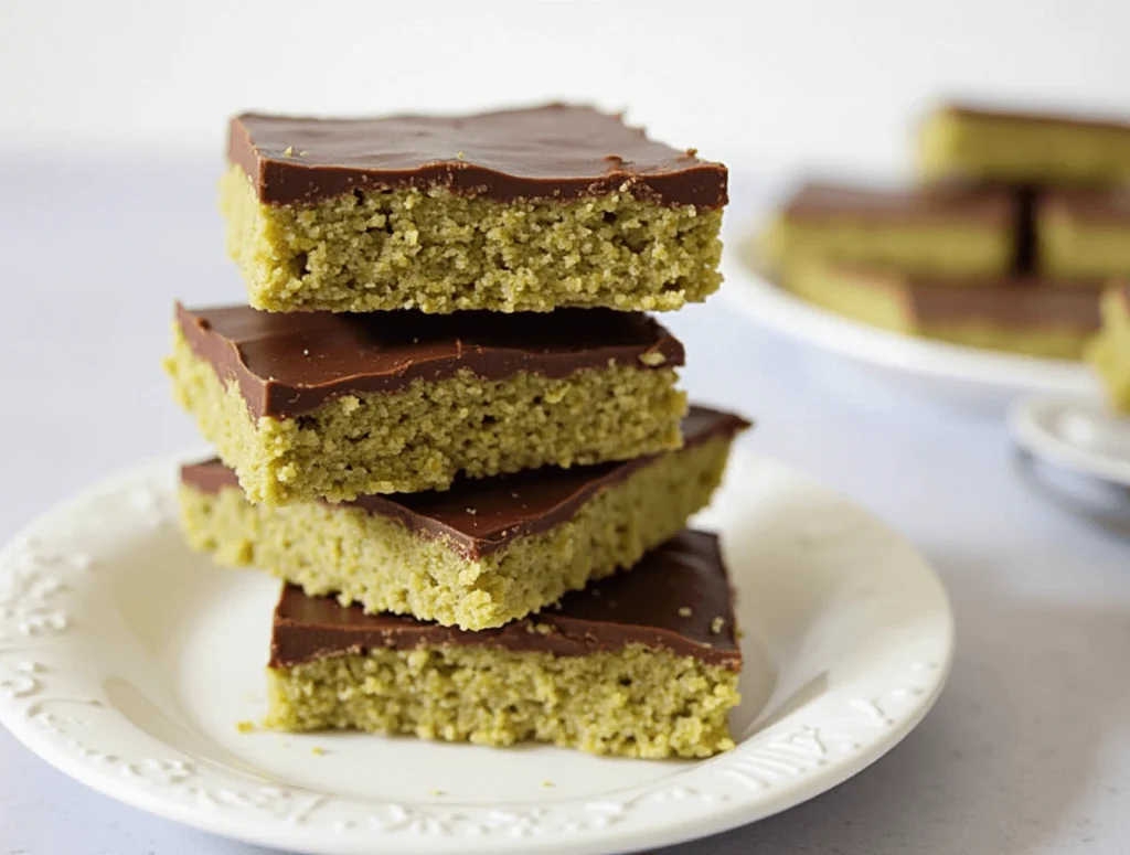 A stack of vegan chocolate matcha energy bars with a chocolate topping, arranged on a white decorative plate, with more bars blurred in the background.