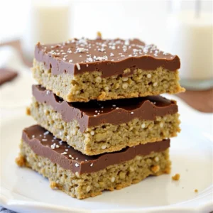 A stack of homemade chocolate-topped matcha energy bars with chocolate chips