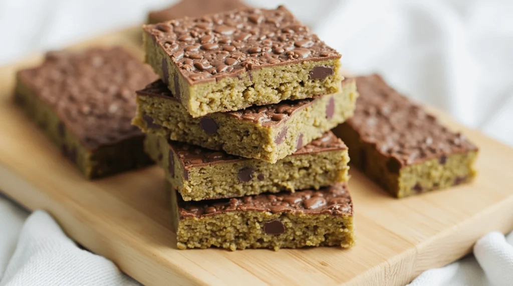 A stack of homemade chocolate-topped matcha energy bars with chocolate chips, placed on a wooden cutting board.