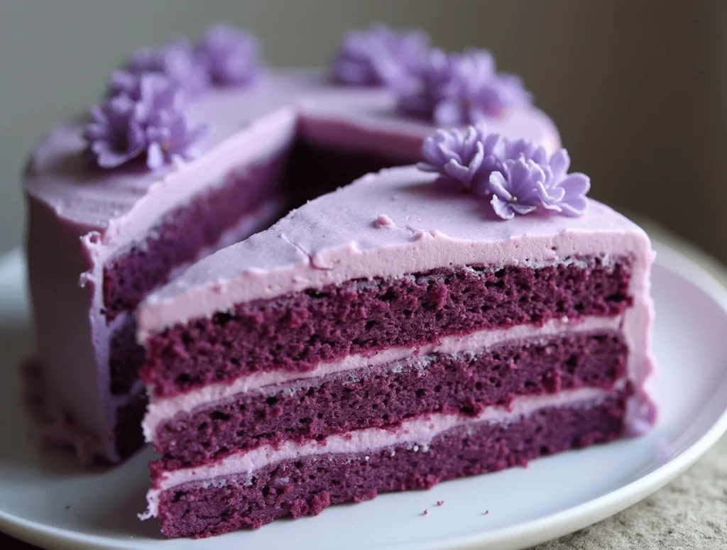 A three-layer purple cake with matching purple frosting and flower decorations on top.
