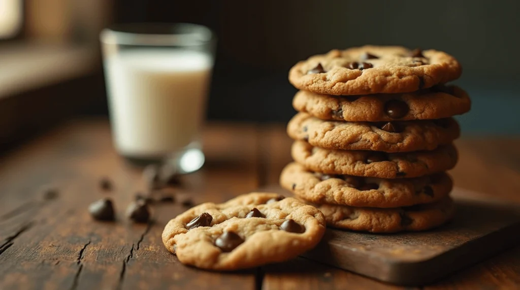 A stack of warm, golden-brown Disney-style chocolate chip cookies with gooey melted chocolate chips, placed on a rustic wooden surface, accompanied by a glass of milk.