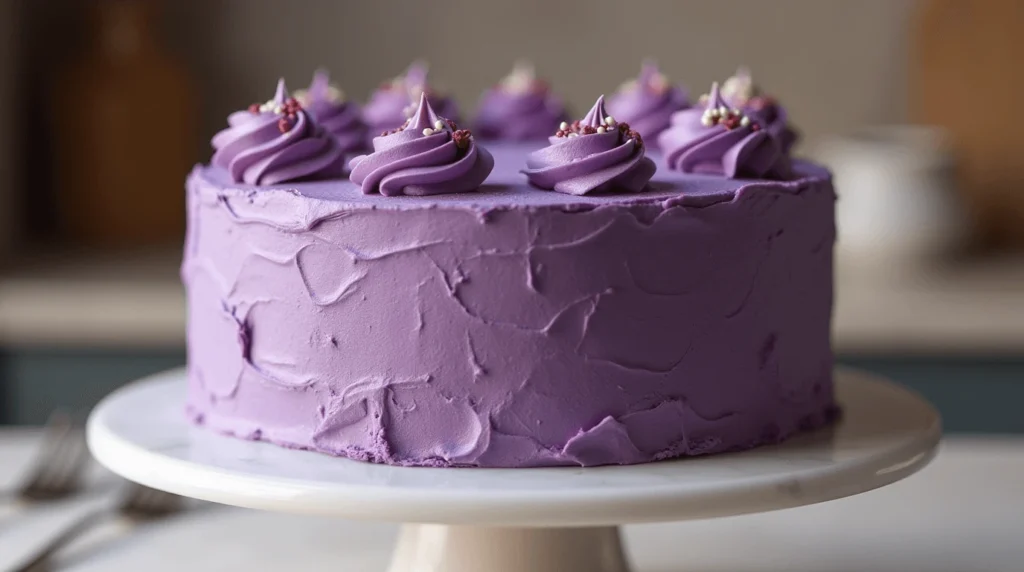 Close-up of a vibrant purple velvet cake with cream cheese frosting, delicate purple flowers, and elegant decorations on a marble cake stand.