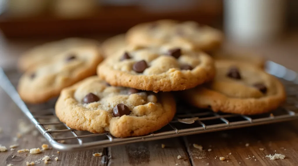 Freshly baked Chick-fil-A style cookies with golden edges and gooey chocolate chips resting on a cooling rack, set on a wooden countertop.