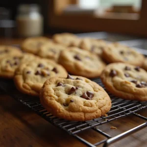 Freshly baked Chick-fil-A style cookies cooling on a wire rack, with golden edges and melted chocolate chips, set on a wooden countertop.