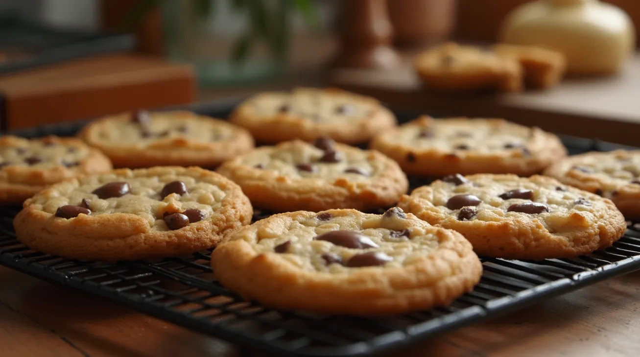 Freshly baked Chick-fil-A style cookies with golden edges and gooey chocolate chips resting on a cooling rack, set on a wooden countertop.