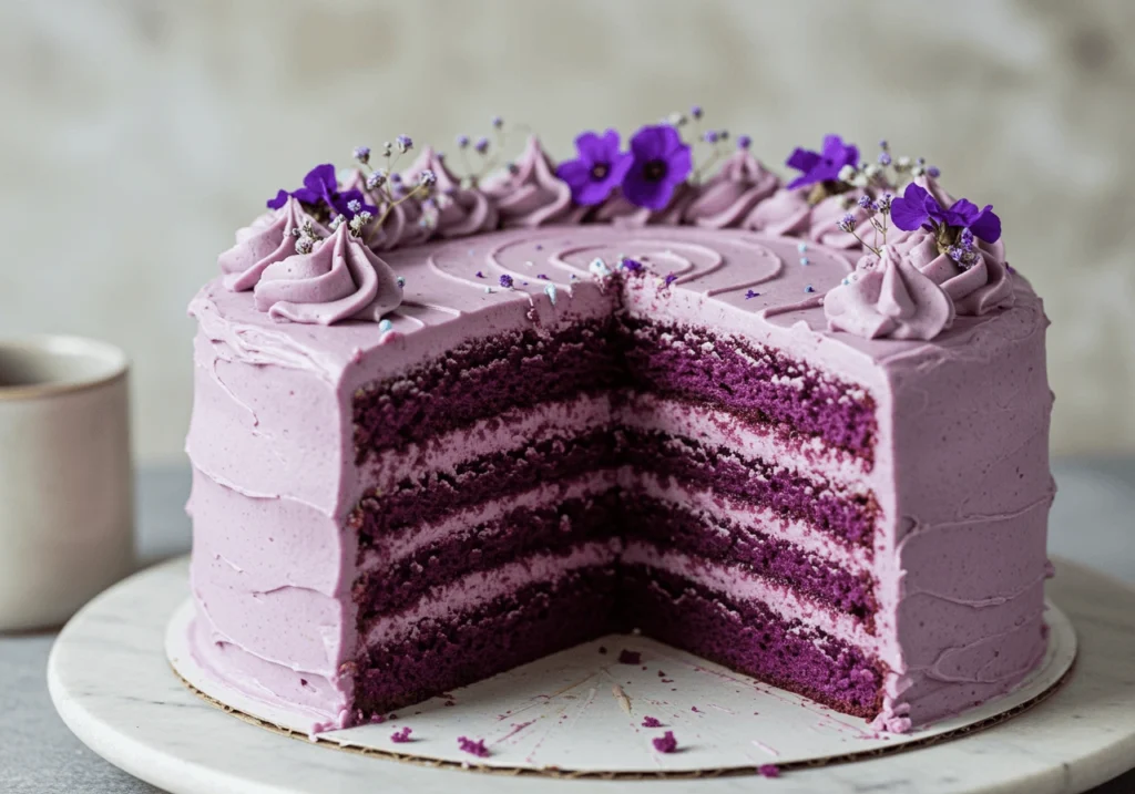 Close-up of a vibrant purple velvet cake with cream cheese frosting, delicate purple flowers, and elegant decorations on a marble cake stand.