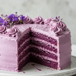 Close-up of a vibrant purple velvet cake with cream cheese frosting, delicate purple flowers, and elegant decorations on a marble cake stand.