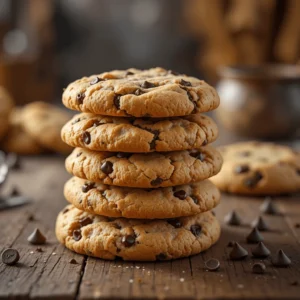 A stack of warm, golden-brown Disney-style chocolate chip cookies with gooey melted chocolate chips, placed on a rustic wooden surface.