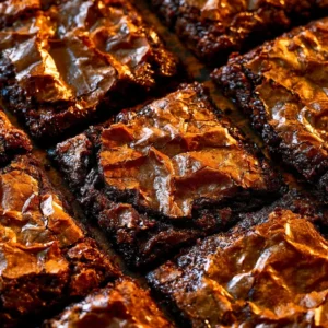 Deliciously rich and fudgy brownies on a wooden table ready to be enjoyed.