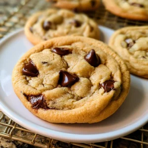 Freshly baked chocolate chip cookies on a cooling rack.