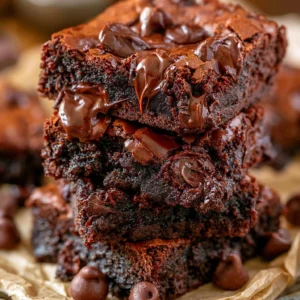 Plate of delicious homemade brownies topped with chocolate drizzle.
