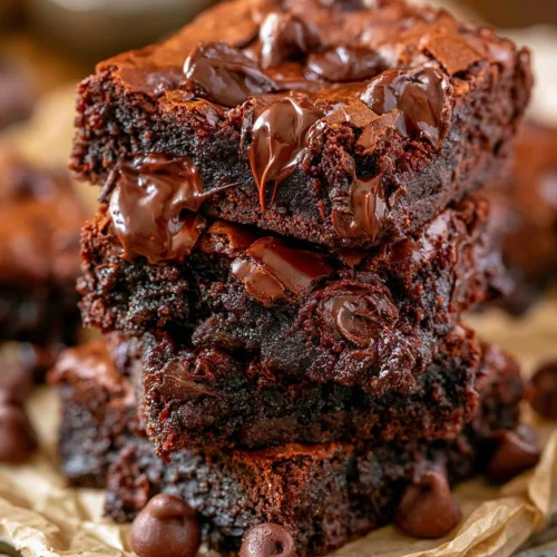 Plate of delicious homemade brownies topped with chocolate drizzle.