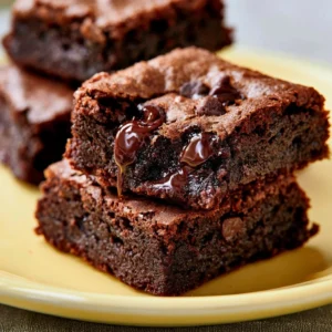 Delicious black bean brownies stacked on a plate with chocolate drizzle