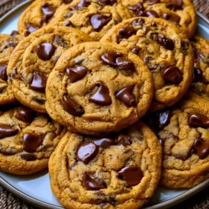 Chewy pumpkin chocolate chip cookies on a plate, perfect for fall baking.
