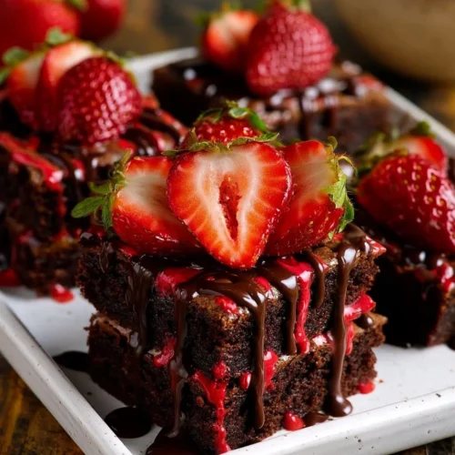 Delicious Chocolate Strawberry Brownies topped with fresh strawberries