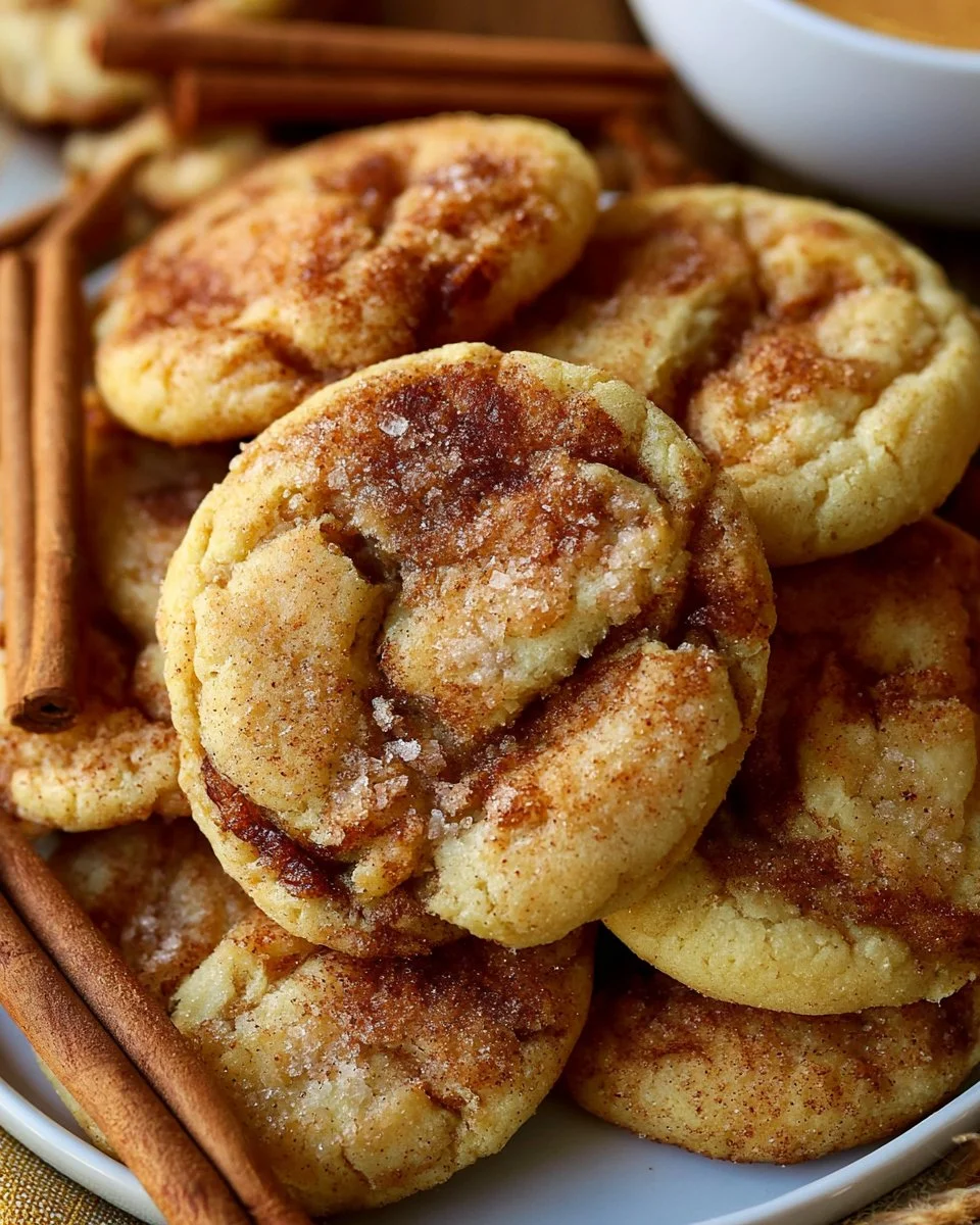 Delicious cinnamon roll snickerdoodles on a plate, topped with cinnamon sugar.