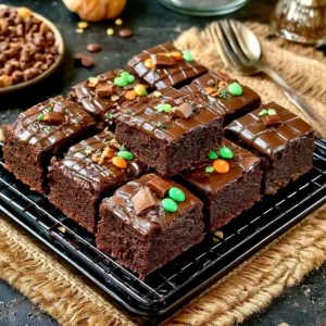 Decorated brownie slab gift wrapped with a bow