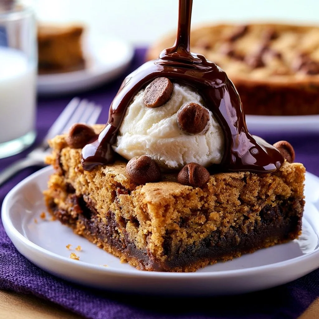 Deep dish chocolate chip cookie pie with melted chocolate chips and golden crust
