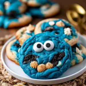 Delicious homemade Cookie Monster cookies with blue icing and chocolate chips
