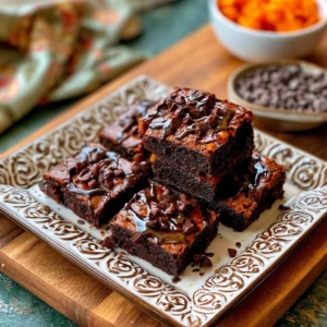 Delicious easy sweet potato brownies on a platter with chocolate drizzle