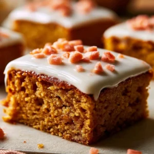 Delicious homemade pumpkin bars with cream cheese frosting on a white plate
