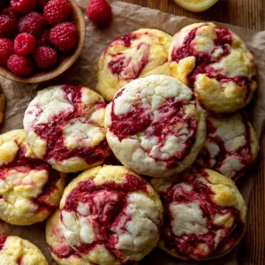 Plate of freshly baked lemon raspberry cookies with vibrant colors