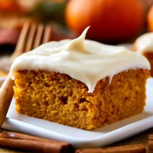 Moist pumpkin bars drizzled with cream frosting on a rustic plate.