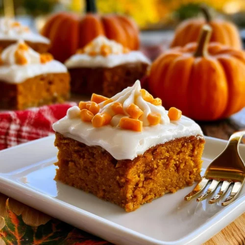 Deliciously moist spiced pumpkin bars with a flavorful topping