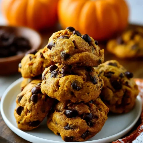Freshly baked Pumpkin Chocolate Chip Cookies with chocolate chips and autumn spices.