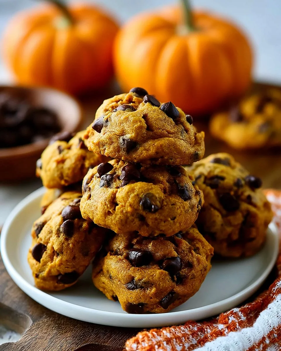 Freshly baked Pumpkin Chocolate Chip Cookies with chocolate chips and autumn spices.