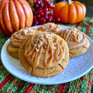 Delicious pumpkin cookies with creamy caramel frosting on a plate.