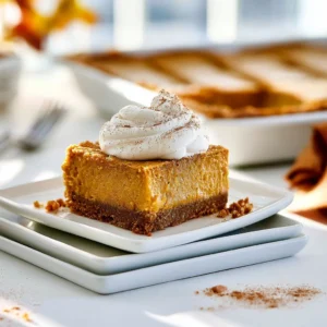 Delicious Pumpkin Pie Bars topped with whipped cream and spices