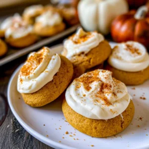 Soft pumpkin cookies with a creamy cream cheese frosting on top.